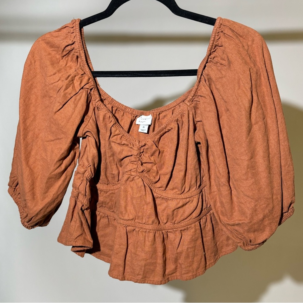 A New Day • Puff Sleeve Linen Top • Terracotta Brown